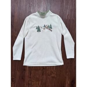 Croft & Barrow Women's Small Fleece Mock Neck Winter Scene Embroidered Top